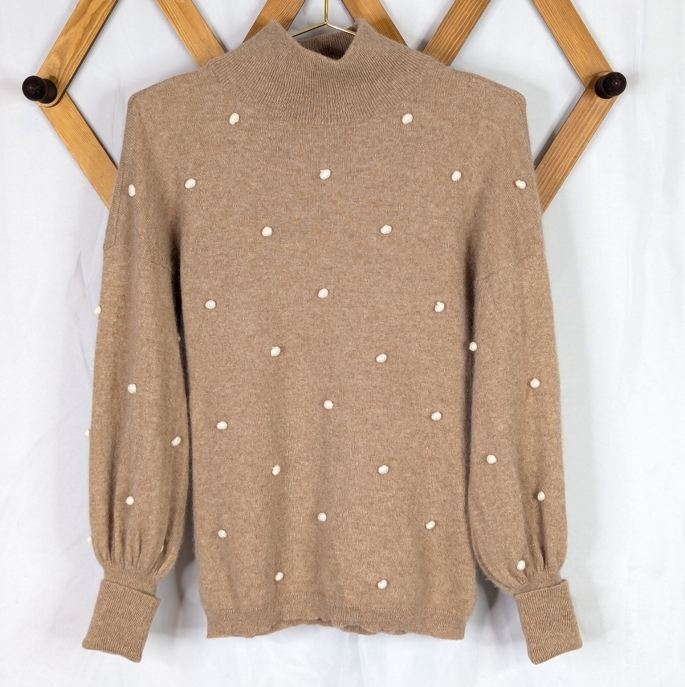 Charter Club Luxury Cashmere Pom Pom Tan Turtleneck Sweater - Small
